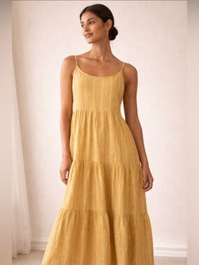 beachlunchlounge Mustard and White Striped Tiered Maxi Dress